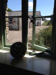 a window with a ball sitting on a window sill at Moorshead Farm Cottages in Llysworney