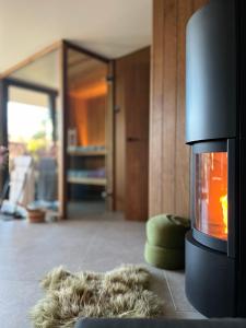 a living room with a fireplace and a fur rug at Ikigai B&B in Oud-Turnhout