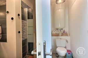 a small bathroom with a toilet and a shower at L'impasse temps in Saint-Quay-Portrieux +30 photos