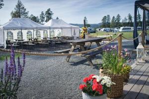 a picnic area with tables and tents and flowers at Odin Camping AS in Svensrud