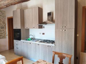 a kitchen with wooden cabinets and a stove at La Vigna del Parroco-2- in Serralunga d'Alba