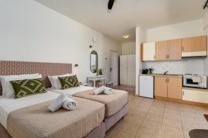 two beds in a small room with a kitchen at Kassiani Studios Olive Groove hotel in Plakias