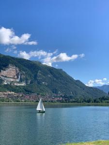 a boat with a white sail on a lake at In Bottega Apt 1 in Bosisio Parini