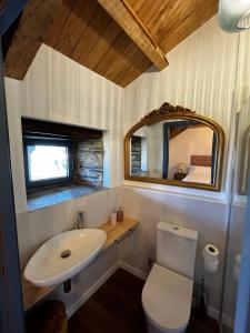 a bathroom with a sink and a toilet and a mirror at Hotel Apartamentos Casas da Fortaleza in Lugo +167 photos