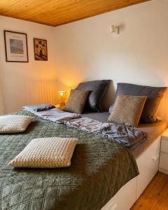 a bedroom with a large bed with pillows on it at Haus an der Bachschleife in Arnstadt