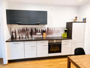 a kitchen with white cabinets and a black counter top at Ferienwohnung Freiraum in Dalaas