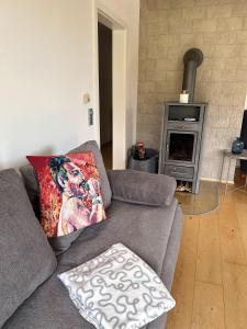 a living room with a couch and a fireplace at WaldGold in Fichtelberg