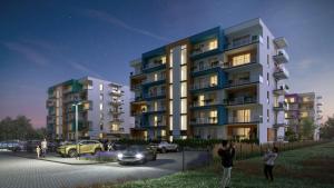 a rendering of a building with cars parked in front of it at Blue Perła Premium in Kutno