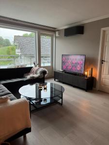 a living room with a couch and a table and a tv at Spacious apartment with 3 Bedrooms & balcony in Voss in Vossevangen