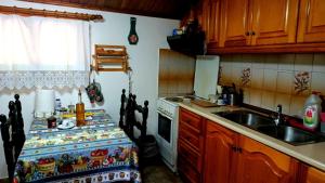a kitchen with a table with a sink and a stove at Grapes and Roses 2 in Igoumenitsa