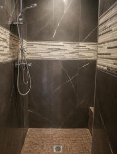 a bathroom with a shower with a glass door at La Bastida Del Mirador in Diezma