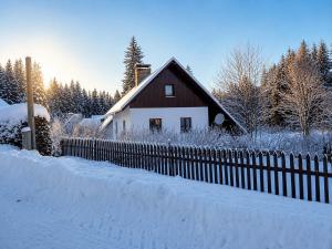 a house with a fence in the snow at Chalupa U Potoka Javorna in Javorná