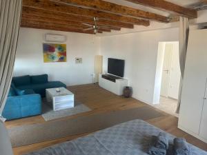 a living room with a blue couch and a tv at Apartmani Adi Tkon in Tkon