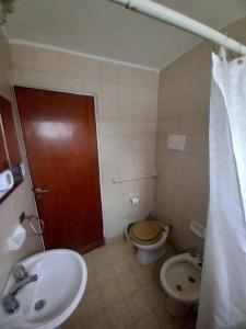 a bathroom with a toilet and a sink and a shower at Casa tranquila y segura in Santa Fe