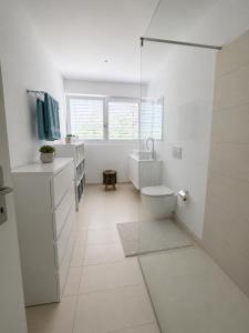 a white bathroom with a toilet and a sink at Montebello in Bellinzona