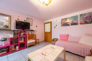 a living room with a couch and a tv at Gîte Du Ruisseau avec spa et pêche in Épinal +30 photos