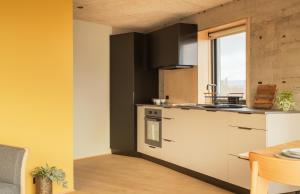 a kitchen with a stove top oven next to a window at Á Varða Apartments in Tórshavn