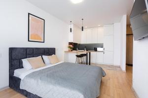 a bedroom with a large bed and a kitchen at Nyvky Like Home - Studio - apt 35 in Kyiv