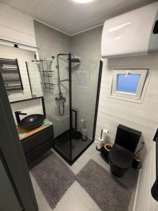 a small bathroom with a shower and a toilet at Domki u Izabeli niedaleko Darłowa in Rusko
