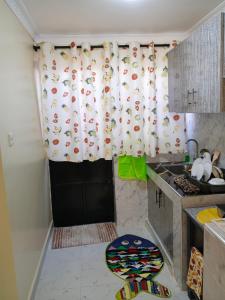 a kitchen with a shower curtain with chickens on it at Bnb Studio Oasis Homes in Machakos +1 photo