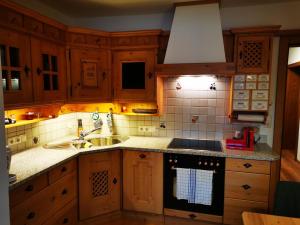 a kitchen with wooden cabinets and a sink at Apart Pichler in Schlitters