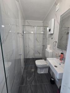 a bathroom with a shower and a toilet and a sink at Vila La Familia in Budžak