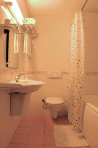 a bathroom with a toilet and a sink and a shower at Yumukoglu Hotel in İzmir