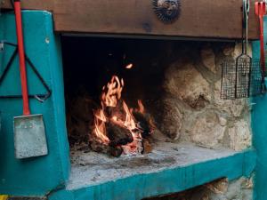 a fire in a brick oven with flames in it at Gypsy Vans Weskus in Jacobs Bay