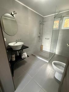a bathroom with a shower and a sink and a toilet at Agropa Rooms & Garden Events in Bistriţa +48 photos