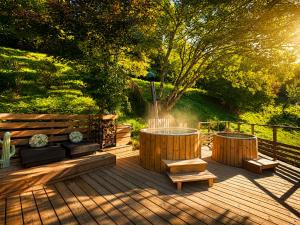 a wooden deck with a fountain and benches on it at Solayan Nature & Spa, Piscine Intérieure, Bains Nordiques & Vue Pyrénées in Couledoux