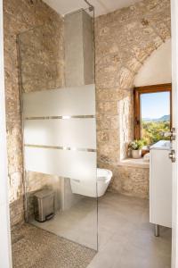 a bathroom with a toilet and a glass shower at Villa Bilja Historic Stone Castle in Trebinje +41 photos