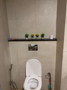 a bathroom with a toilet with four plants on a shelf at Cozy heights in Ghaziabad