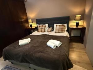 a bedroom with a large bed with two towels on it at Grachtenpracht Boutique in Breda