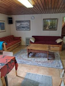 a living room with a red couch and a table at KTU Kuntomaja in Kokkola