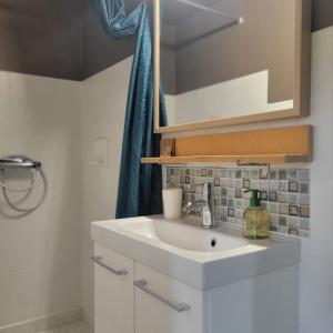 a bathroom with a sink and a mirror at Le sapin rouge - Restaurant - bar - chambres d'hôtes in Artigues +45 photos