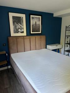 a bedroom with a large bed with blue walls at Appartements Mistral in Pyla-sur-Mer +36 photos