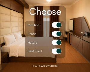 a hotel room with a bed with the words choose comfort pace nature best food at فندق الخيال الكبير in Zahlé +54 photos