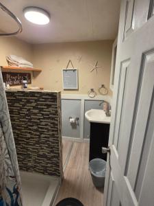 a bathroom with a sink and a toilet and a mirror at The Cottage in Dagsboro