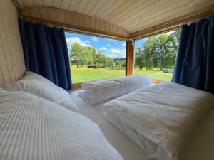 two beds in a room with a large window at Penzion Stanský Mlýn in Hlinsko