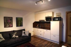 a living room with a couch and a microwave at Appartement Schatz in Uderns