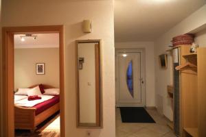 a bedroom with a bed and a mirror and a door at Appartement Schatz in Uderns +76 photos