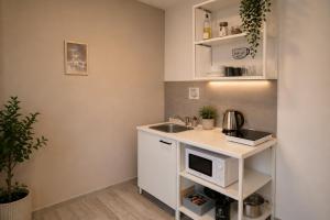 a small kitchen with a sink and a microwave at Prime Apartment Hotel in Nuremberg
