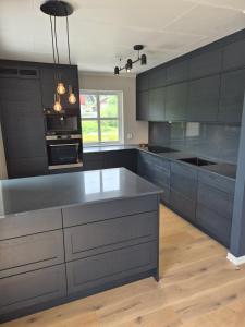 a kitchen with gray cabinets and a counter top at Garden House 1 in Hvaler