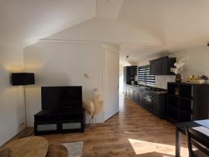a large kitchen with black cabinets and a tv at Huisje 11 in Enschede