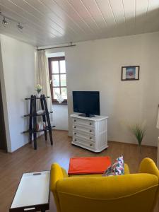a living room with a yellow couch and a television at Gästehaus Klausenhof in Klausen