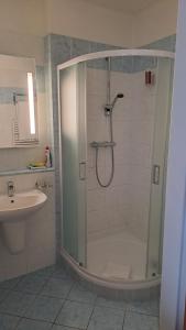 a bathroom with a shower and a sink at Apartmán C311 in Frymburk +10 photos