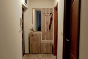 a hallway with wooden cabinets and a mirror at Adriatic Monte Apartments in Tušupi +15 photos