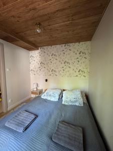 a bedroom with a bed with two pillows on it at Chata przy lesie - sauna i balia in Łuka +65 photos