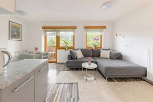 a living room with a couch and a table at 3 Rivers Apartment in Radovljica