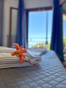 a flower sitting on top of a bed at Zefiros in Agios Ioannis Pelio
